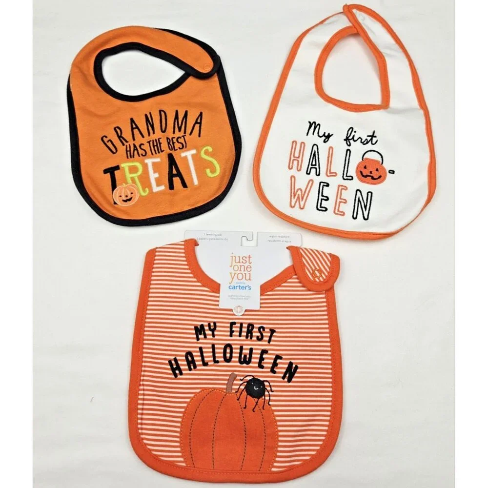Carter’s Baby Halloween Bib Set Lot of 3 My First Halloween Pumpkin Grandma